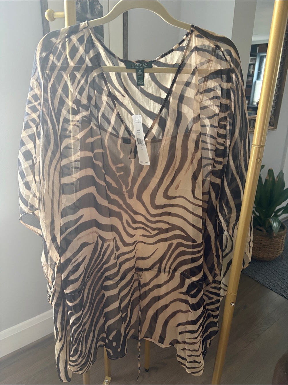 Ralph Lauren Zebra-Print V-Neck Sheer Tunic in Brown and Cream